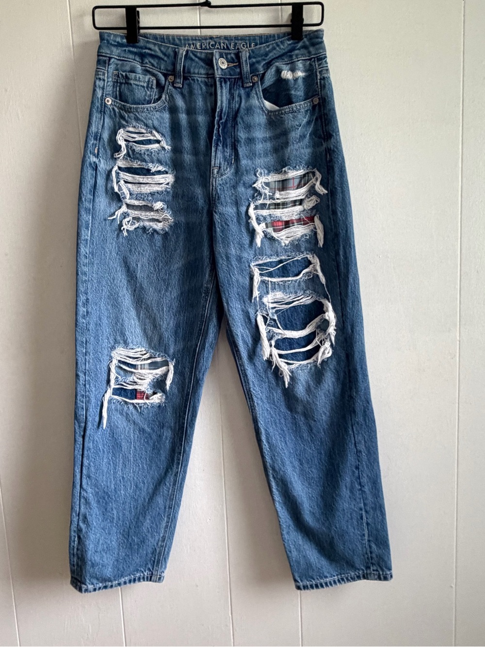 American Eagle Outfitters Womens Distressed Blue Denim Jeans Flannel detailing